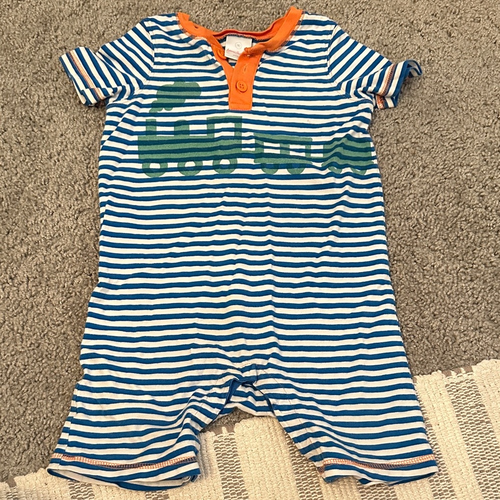 Hanna Andersson Blue and White Striped Bodysuit with Green Train